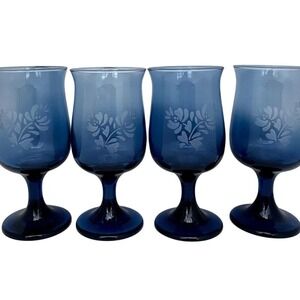 Vintage Pfaltzgraff Yorktowne Set of 4 Cobalt Blue Etched Water Goblets – 7"